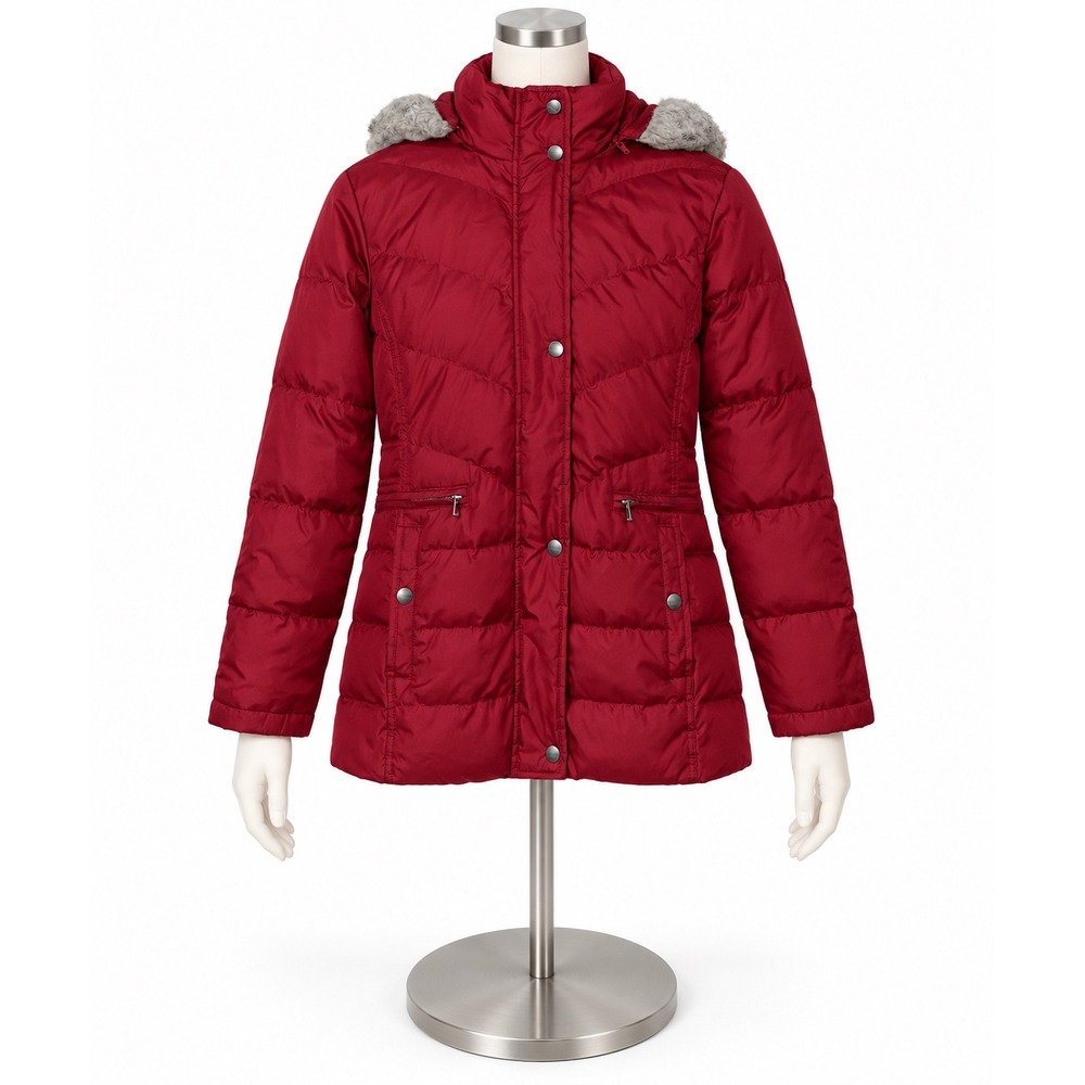 Larry Levine Down‎ Puffer Jacket Red Faux Fur Hood Petite Small PS